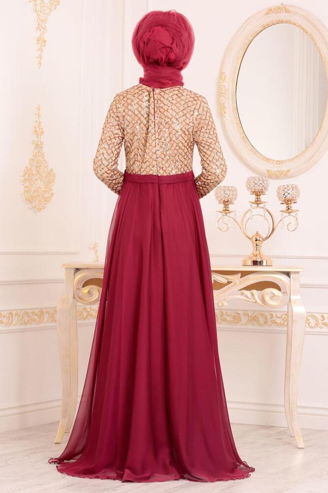 Rouge Bordeaux- Tesettürlü Abiye Elbise - Robe de Soirée Hijab 85310BR - 4