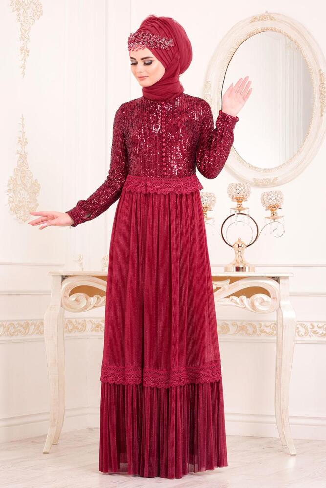 Rouge Bordeaux - Tesettürlü Abiye Elbise - Robe de Soirée Hijab 8532BR - 1