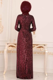 Rouge Bordeaux - Tesettürlü Abiye Elbise - Robe de Soirée Hijab - 8582BR - Thumbnail