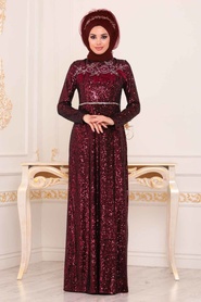 Rouge Bordeaux - Tesettürlü Abiye Elbise - Robe de Soirée Hijab - 86010BR - Thumbnail