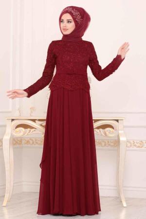 Rouge Bordeaux - Tesettürlü Abiye Elbise - Robe de Soirée Hijab - 86470BR - 1