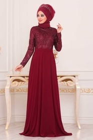 Rouge Bordeaux - Tesettürlü Abiye Elbise - Robe de Soirée Hijab - 8670BR - Thumbnail