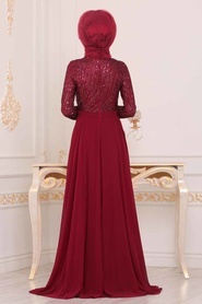 Rouge Bordeaux - Tesettürlü Abiye Elbise - Robe de Soirée Hijab - 8670BR - Thumbnail