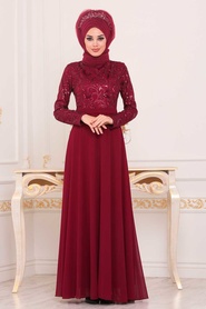 Rouge Bordeaux - Tesettürlü Abiye Elbise - Robe de Soirée Hijab - 8677BR - Thumbnail