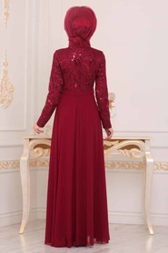 Rouge Bordeaux - Tesettürlü Abiye Elbise - Robe de Soirée Hijab - 8677BR - Thumbnail