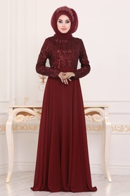 Rouge Bordeaux - Tesettürlü Abiye Elbise - Robe de Soirée Hijab - 8708BR - Thumbnail