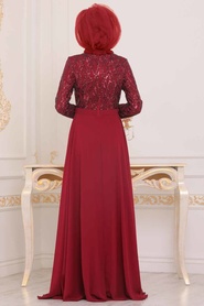 Rouge Bordeaux - Tesettürlü Abiye Elbise - Robe de Soirée Hijab - 8708BR - Thumbnail
