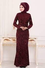 Rouge Bordeaux - Tesettürlü Abiye Elbise - Robe de Soirée Hijab - 8727BR - Thumbnail
