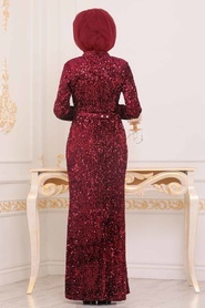 Rouge Bordeaux - Tesettürlü Abiye Elbise - Robe de Soirée Hijab - 8727BR - Thumbnail