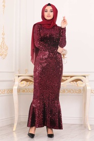 Rouge Bordeaux - Tesettürlü Abiye Elbise - Robe de Soirée Hijab - 8742BR - Thumbnail