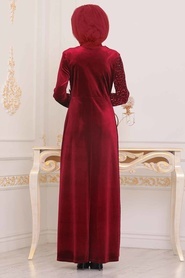 Rouge Bordeaux - Tesettürlü Abiye Elbise - Robe en velours hijab - 8737BR - Thumbnail