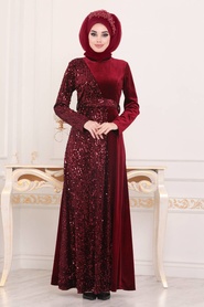 Rouge Bordeaux - Tesettürlü Abiye Elbise - Robe en velours hijab - 8738BR - Thumbnail