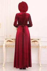 Rouge Bordeaux - Tesettürlü Abiye Elbise - Robe en velours hijab - 8738BR - Thumbnail