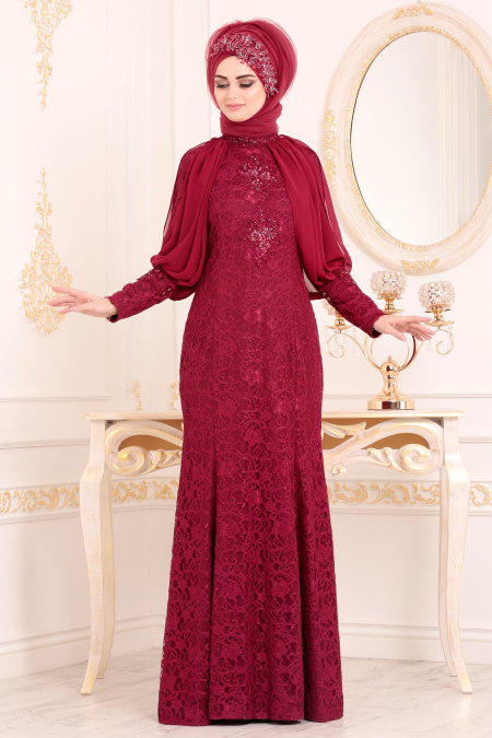 Rouge Bordeaux - Tesettürlü Abiye Elbise - Robes de Soirée 31281BR