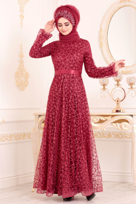 Rouge Bordeaux - Tesettürlü Abiye Elbise - Robes de Soirée 31481BR