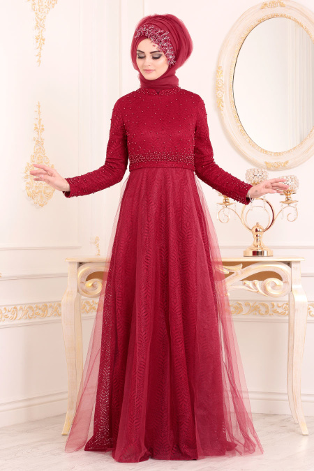 Rouge Bordeaux - Tesettürlü Abiye Elbise - Robes de Soirée 3290BR
