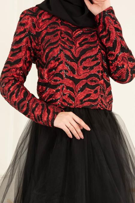 Rouge Bordeaux - Tesettürlü Abiye Elbise - Robes de Soirée 37110BR - 3