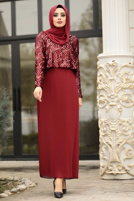 Rouge Bordeaux - Tesettürlü Abiye Elbise - Robes de Soirée 3743BR