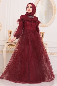 Rouge Bordeaux-Tesettürlü Abiye Elbise-Robes de Soirée-41090BR - Thumbnail