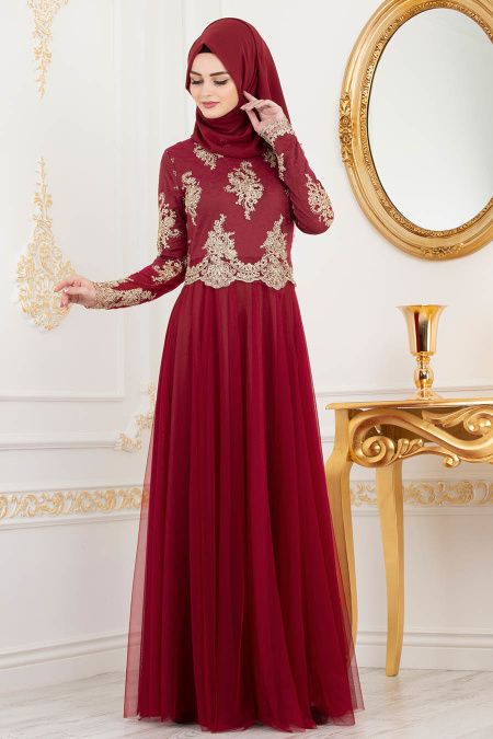 Rouge Bordeaux - Tesettürlü Abiye Elbise - Robes de Soirée 8217BR