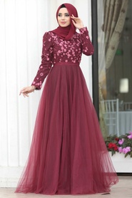 Rouge Bordeaux - Tesettürlü Abiye Elbise - Robes de Soirée Hijab 184802BR - Thumbnail