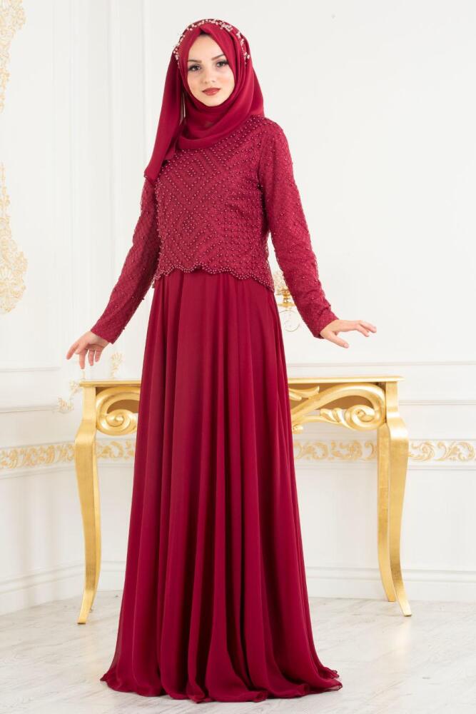Rouge Bordeaux - Tesettürlü Abiye Elbise - Robes de Soirée Hijab 3126BR - 1