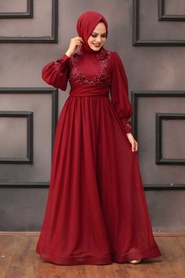 Rouge Bordeaux - Tesettürlü Abiye Elbise - Robes de Soirée Hijab - 40302BR - Thumbnail