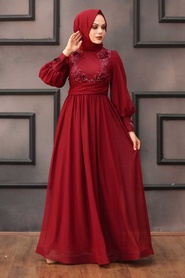 Rouge Bordeaux - Tesettürlü Abiye Elbise - Robes de Soirée Hijab - 40302BR - Thumbnail