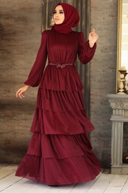 Rouge Bordeaux- Tesettürlü Abiye Elbise - Robes de Soirée Hijab - 40620BR - Thumbnail