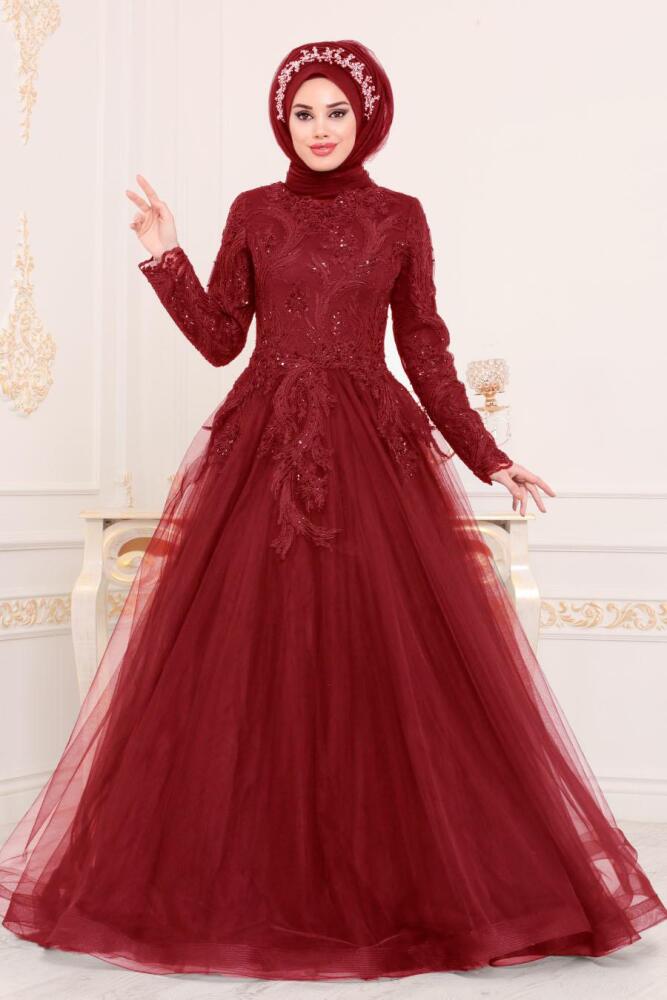 Rouge Bordeaux - Tesettürlü Abiye Elbise - Robes de Soirée Hijab 4689BR - 1