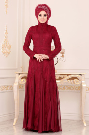 Rouge Bordeaux- Tesettürlü Abiye Elbise - Robes de Soirée Hijab 85350BR - Thumbnail