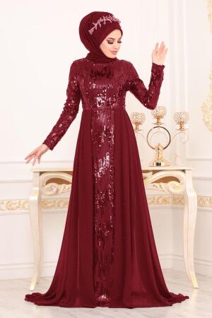 Rouge Bordeaux- Tesettürlü Abiye Elbise - Robes de Soirée Hijab 8590BR - 1