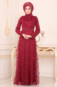 Rouge Bordeaux- Tesettürlü Abiye Elbise - Robes de Soirée Hijab 8626BR - Thumbnail