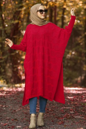 Rouge - Neva Style - Poncho en tricot hijab - 15652K - 1