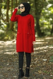 Rouge - Neva Style - Tunique En Tricot Hijab - 14607K - Thumbnail