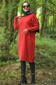 Rouge - Neva Style - Tunique en tricot hijab - 883K - Thumbnail