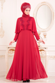 Rouge-Tesettürlü Abiye Elbise - Robe de Soirée Hijab 3762K - Thumbnail