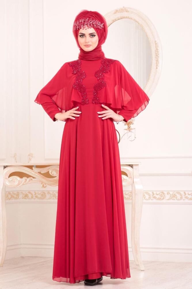 Rouge-Tesettürlü Abiye Elbise - Robe de Soirée Hijab 3762K - 2