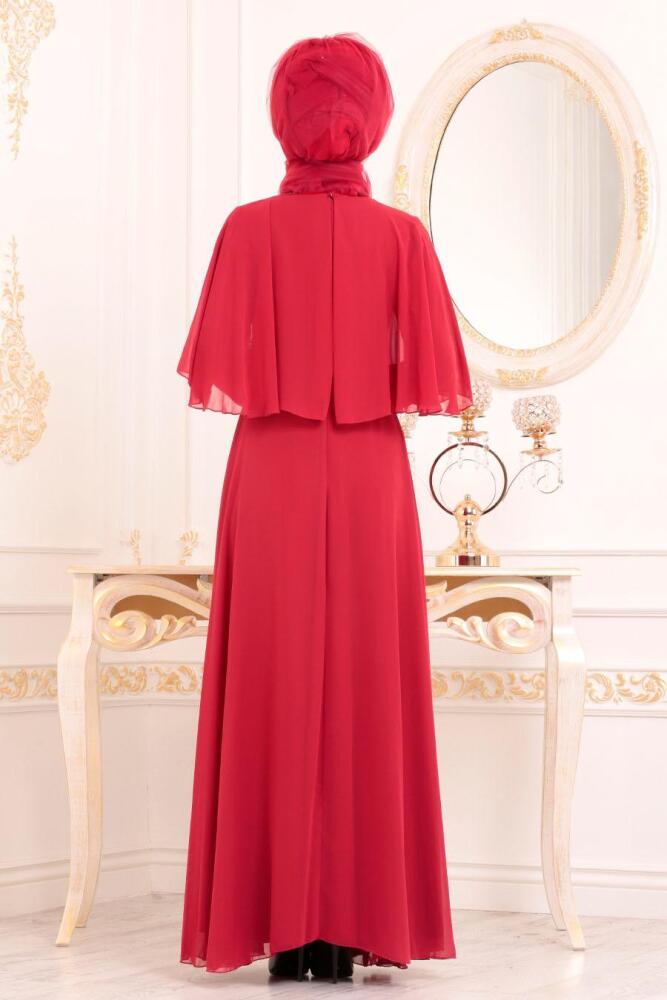 Rouge-Tesettürlü Abiye Elbise - Robe de Soirée Hijab 3762K - 4