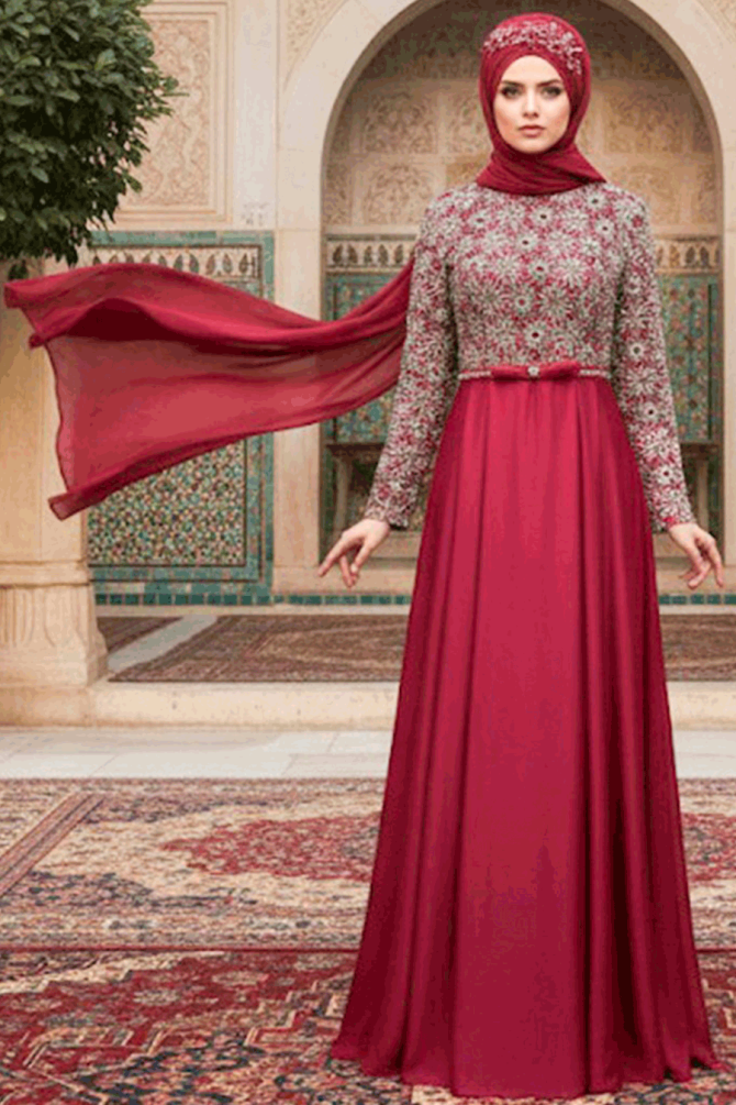 Rouge- Tesettürlü Abiye Elbise - Robes de Soirée Hijab 1937K - 1