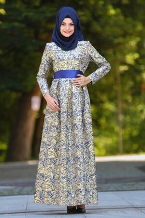 Neva Style - Long Sax Blue Islamic Long Sleeve Maxi Dress 24410SX - 1