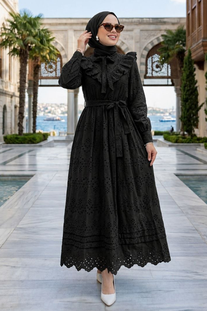 Ruffle Collar Belted Eyelet Black Modest Dress 50164S - 1