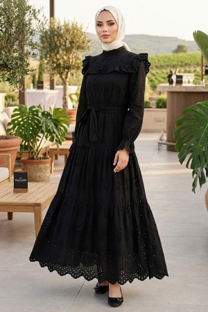 Ruffle Collar Belted Eyelet Black Modest Dress 50281S - 1