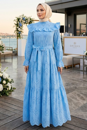 Ruffle Collar Belted Eyelet Blue Modest Dress 50281M 