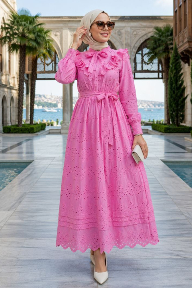 Ruffle Collar Belted Eyelet Pink Modest Dress 50164P - 1