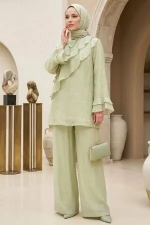 Ruffle-Detail Almond Green Modest Set 26156CY 