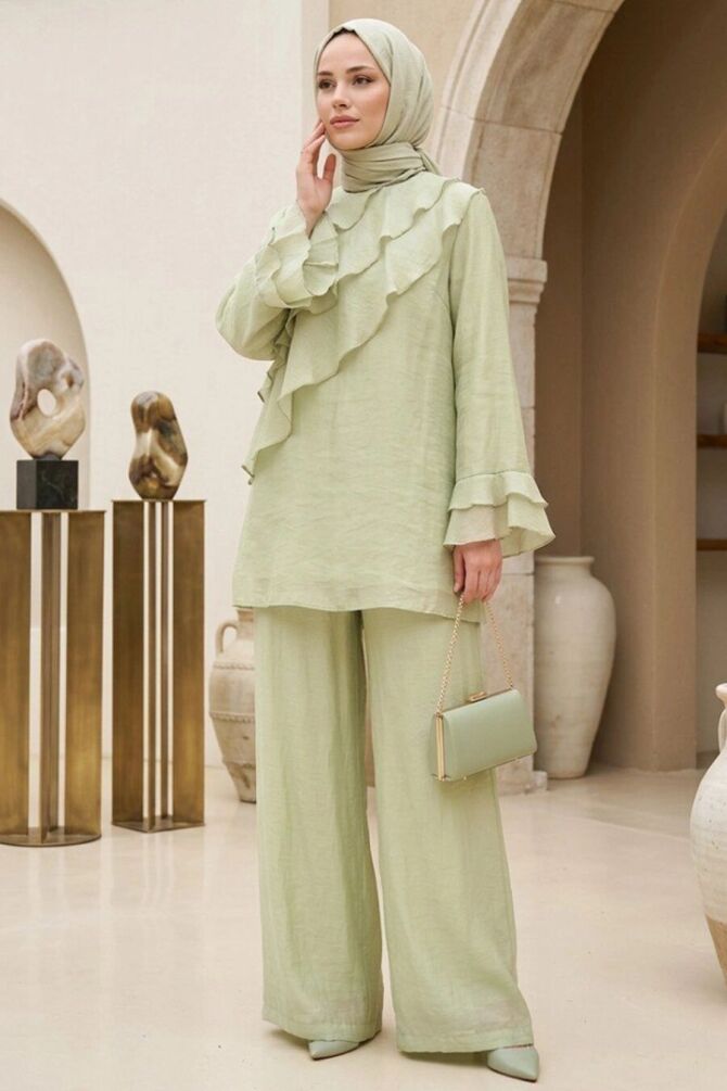 Ruffle-Detail Almond Green Modest Set 26156CY - 1