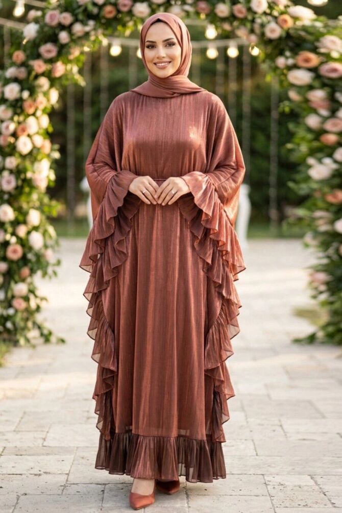 Ruffle-Detail Belted Brown Modest Evening Dress 5740KH - 1