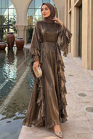 Ruffle-Detail Belted Dark Mink Modest Evening Dress 5740KV 