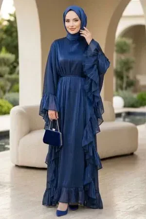 Ruffle-Detail Belted Navy Blue Modest Evening Dress 5740L 